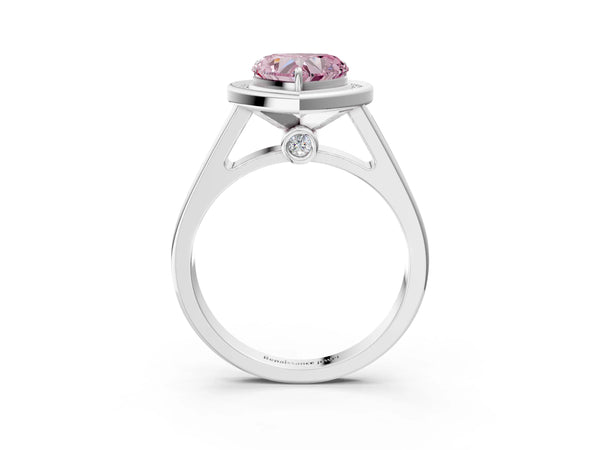 Platinum Fancy Pink Heart  Halo Solitaire Diamond Ring with Pave Band and Bezel Setting