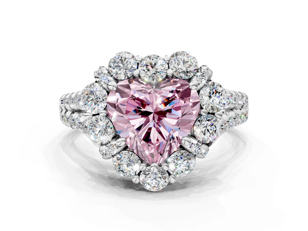 Platinum Fancy Pink Heart  Halo Split Shank Diamond Engagement Ring with Pave Band and Four-Prong Setting