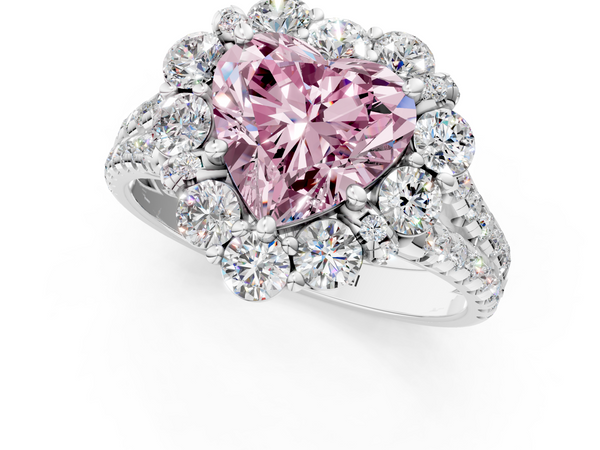 Platinum Fancy Pink Heart  Halo Split Shank Diamond Engagement Ring with Pave Band and Four-Prong Setting