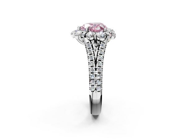 Platinum Fancy Pink Heart  Halo Split Shank Diamond Engagement Ring with Pave Band and Four-Prong Setting