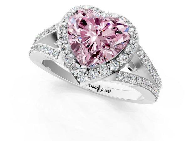 Platinum Fancy Pink Heart  Halo Split Shank Pave Diamond Ring with Four-Prong Setting