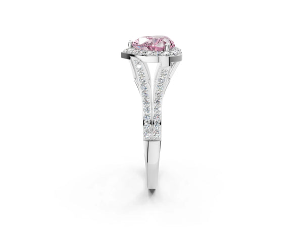 Platinum Fancy Pink Heart  Halo Split Shank Pave Diamond Ring with Four-Prong Setting
