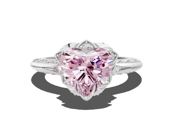 White gold Fancy Pink Heart  Halo Split Shank Pave Diamond Ring with Petal Prong Setting