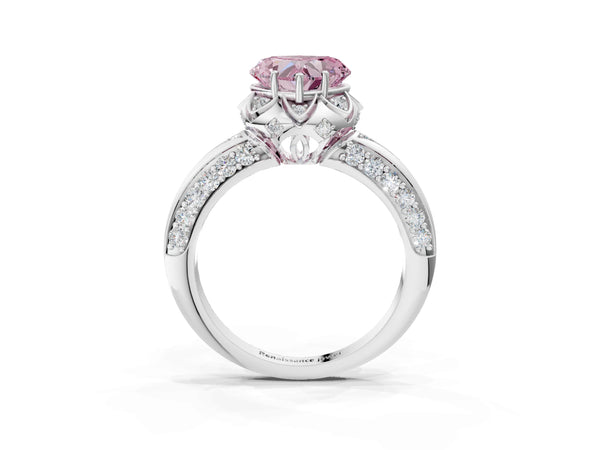 White gold Fancy Pink Heart  Halo Split Shank Pave Diamond Ring with Petal Prong Setting
