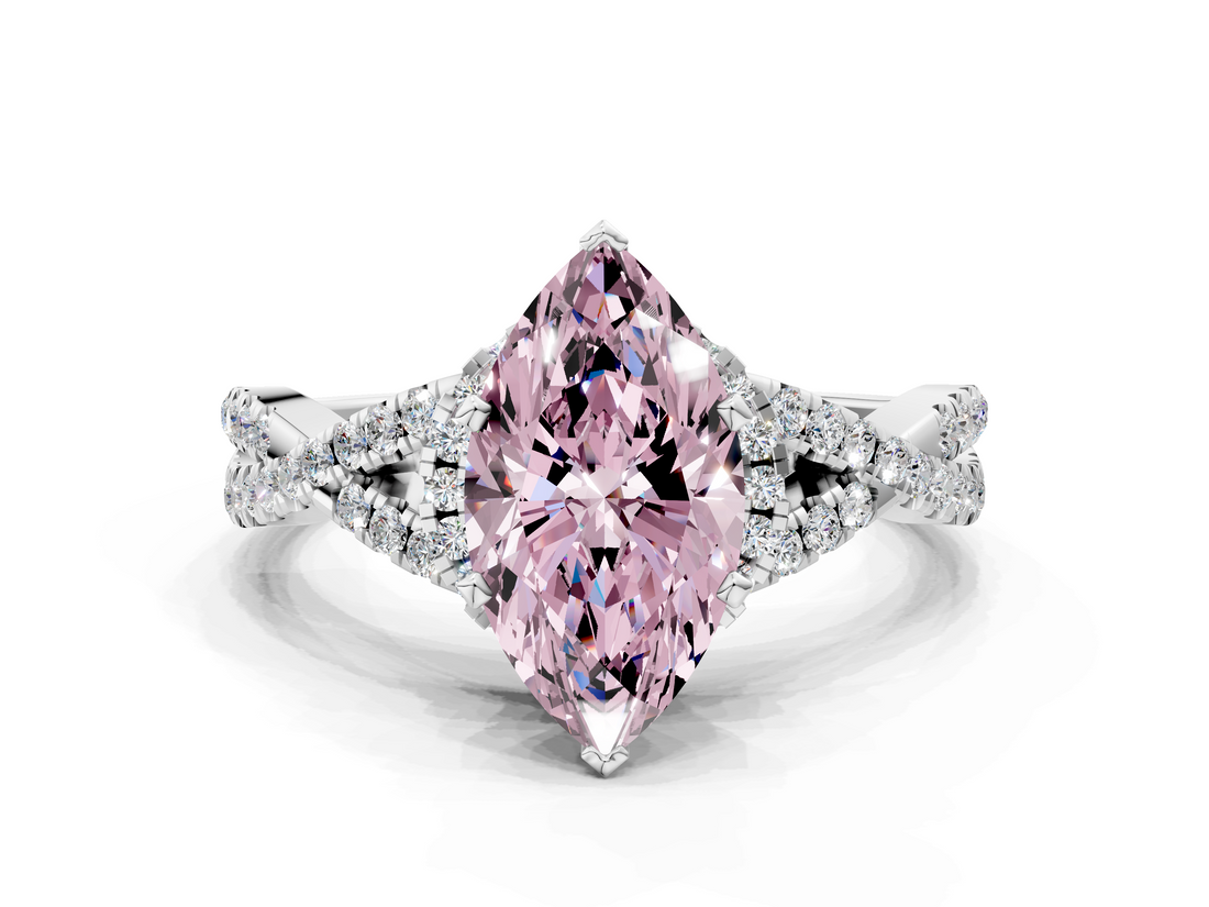 White gold Fancy Pink Heart  Halo Twist Band Solitaire Prong Setting Ring_77