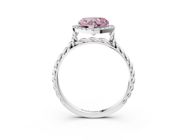 Platinum Fancy Pink Heart  Halo Twisted Band Four-Prong Diamond Ring