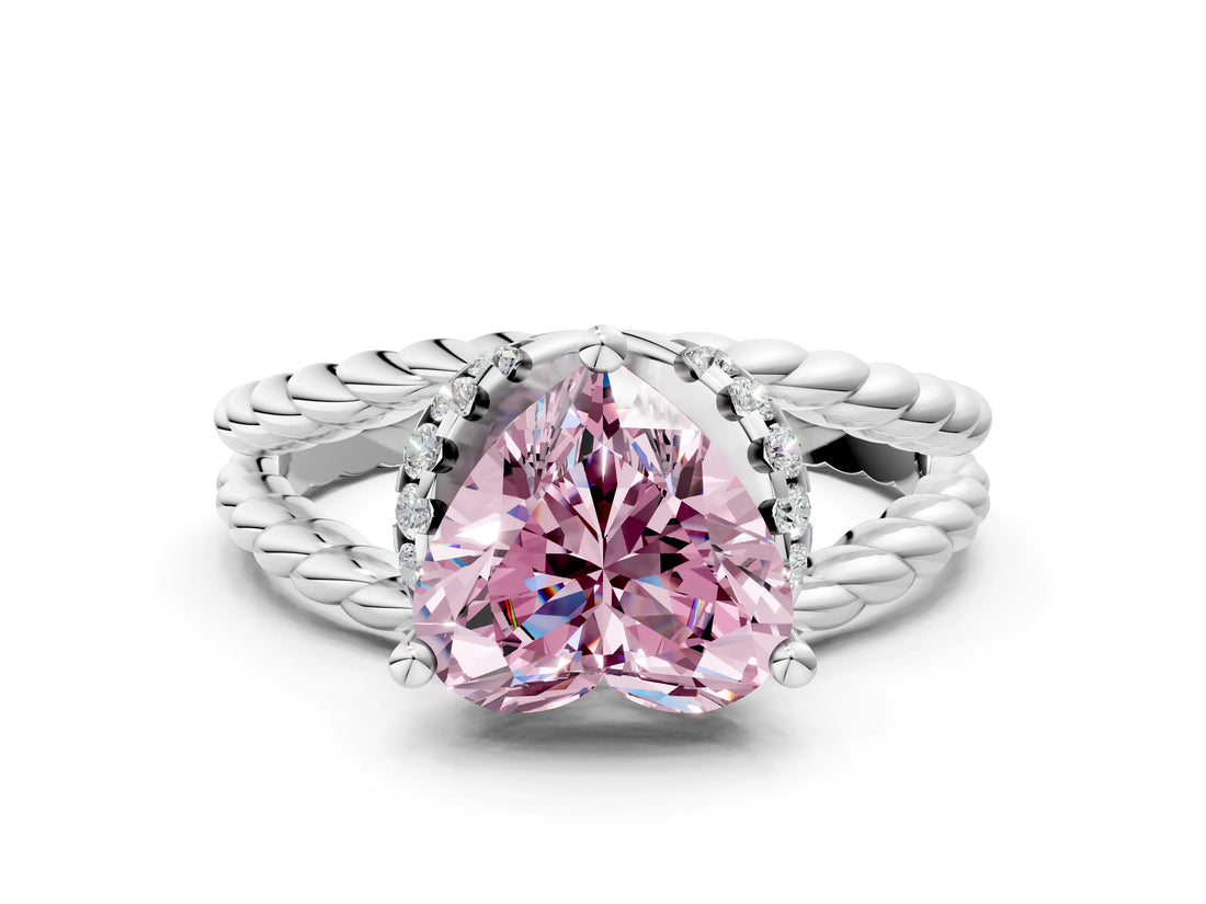 White gold Fancy Pink Heart  Halo Twisted Band Four-Prong Ring_55