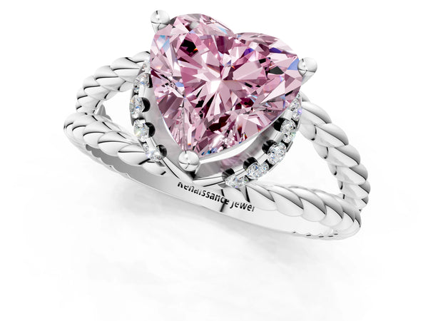 Platinum Fancy Pink Heart  Halo Twisted Band Four-Prong Ring