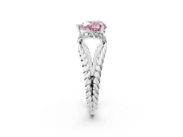 Platinum Fancy Pink Heart  Halo Twisted Band Four-Prong Ring