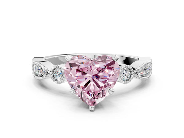 Platinum Fancy Pink Heart  Milgrain Bezel Diamond Engagement Ring with Solitaire Prong Setting