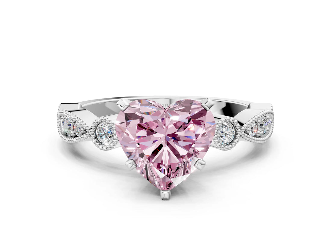 White gold Fancy Pink Heart  Milgrain Bezel Diamond Engagement Ring with Solitaire Prong Setting_138