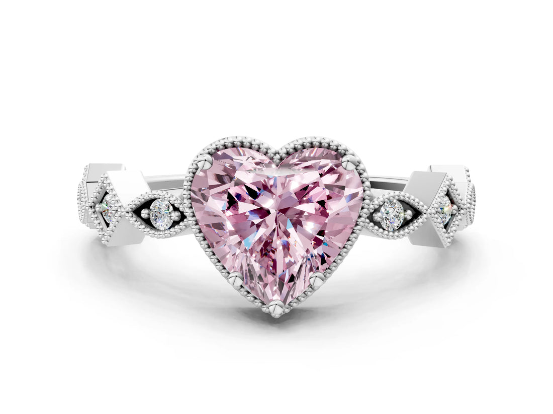 White gold Fancy Pink Heart  Milgrain Marquise Diamond Twist Band Ring_62