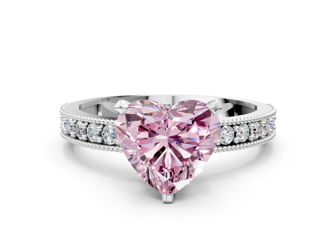White gold Fancy Pink Heart  Milgrain Pave Diamond Engagement Ring with Four-Prong Setting_172