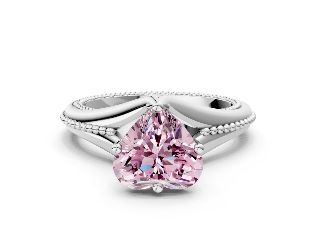 White gold Fancy Pink Heart  Solitaire Beaded Band Six-Prong Setting