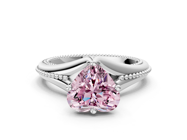 Platinum Fancy Pink Heart  Solitaire Beaded Band Six-Prong Setting