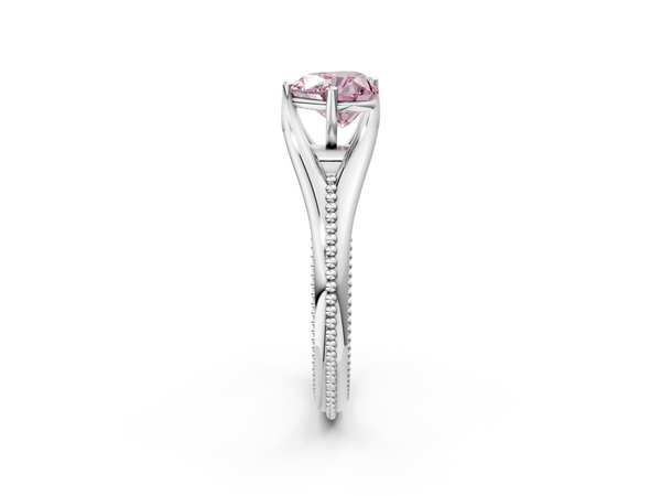 Platinum Fancy Pink Heart  Solitaire Beaded Band Six-Prong Setting