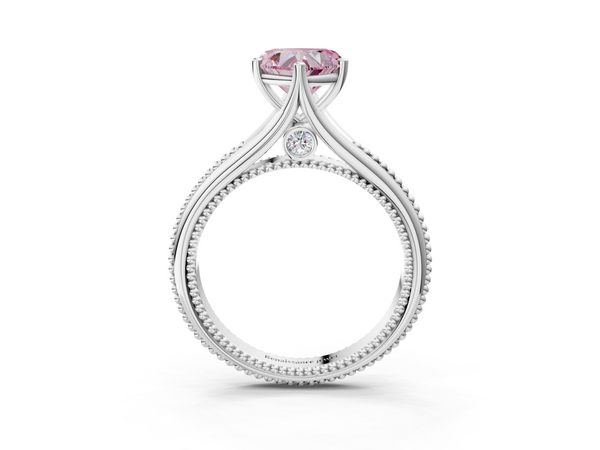 Platinum Fancy Pink Heart  Solitaire Beaded Band Six-Prong Setting