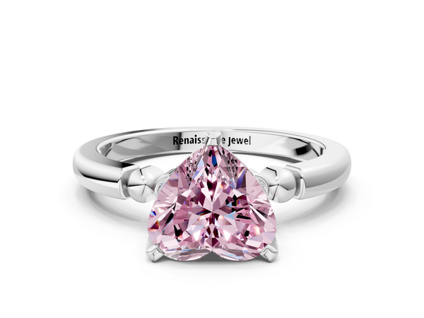 White gold Fancy Pink Heart  Solitaire Beaded Band with Four-Prong Setting