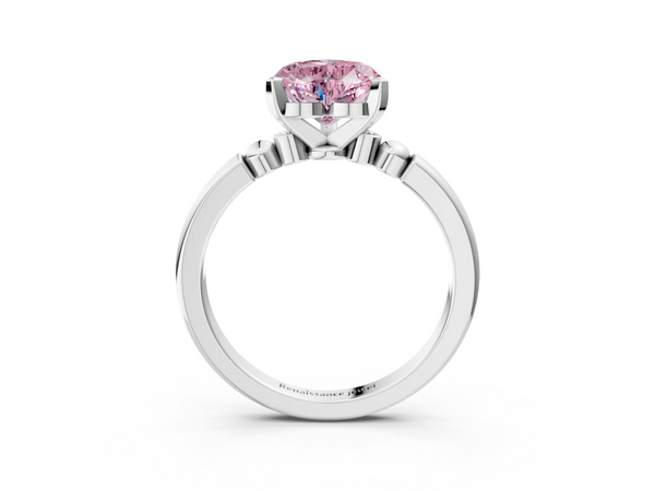 White gold Fancy Pink Heart  Solitaire Beaded Band with Four-Prong Setting