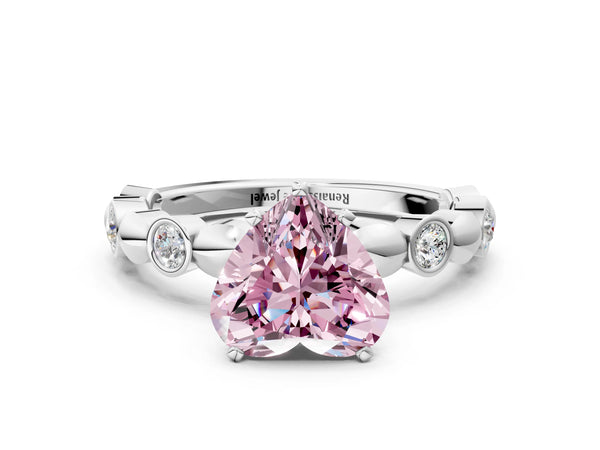 Platinum Fancy Pink Heart  Solitaire Bezel-Set Diamond Ring with Beaded Band and Four-Prong Setting