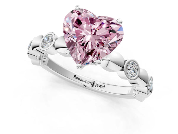 Platinum Fancy Pink Heart  Solitaire Bezel-Set Diamond Ring with Beaded Band and Four-Prong Setting