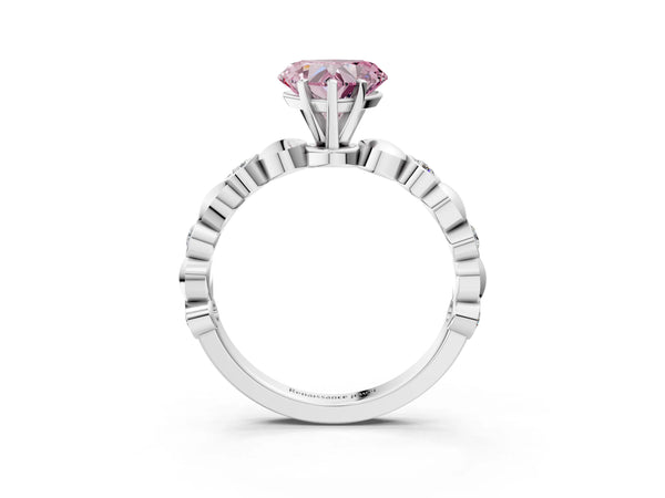 Platinum Fancy Pink Heart  Solitaire Bezel-Set Diamond Ring with Beaded Band and Four-Prong Setting