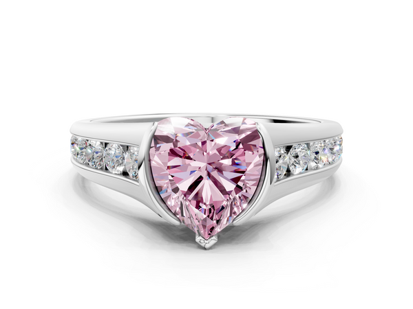 White gold Fancy Pink Heart  Solitaire Bezel-Set Diamond Ring with Channel-Set Band