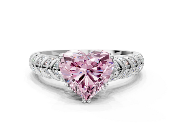 White gold Fancy Pink Heart  Solitaire Chevron Pave Diamond Engagement Ring with Six-Prong Setting