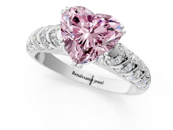 White gold Fancy Pink Heart  Solitaire Chevron Pave Diamond Engagement Ring with Six-Prong Setting