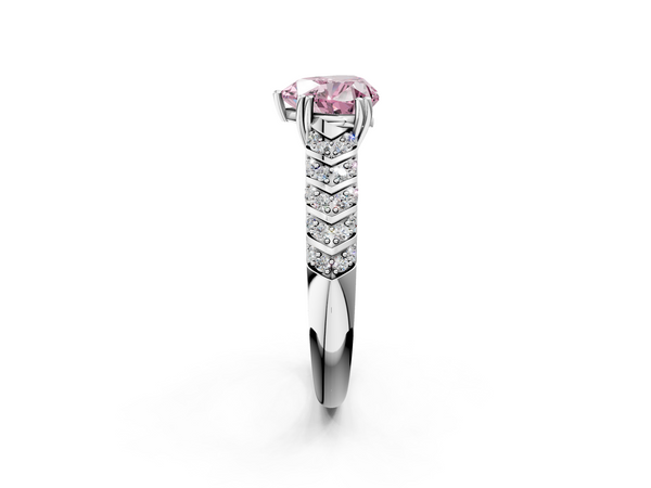 White gold Fancy Pink Heart  Solitaire Chevron Pave Diamond Engagement Ring with Six-Prong Setting