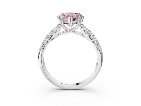 White gold Fancy Pink Heart  Solitaire Chevron Pave Diamond Engagement Ring with Six-Prong Setting