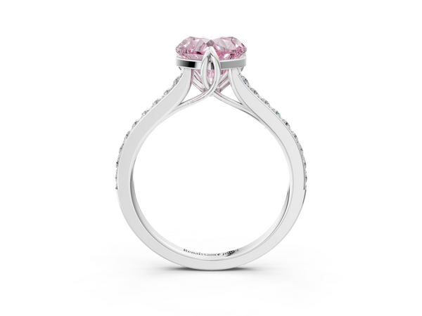 Platinum Fancy Pink Heart  Solitaire Diamond Engagement Ring with Pave Band and Six-Prong Setting