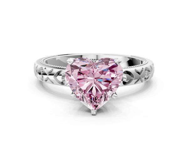 White gold Fancy Pink Heart  Solitaire Diamond Engagement Ring with XO Engraved Band and Four-Prong Setting