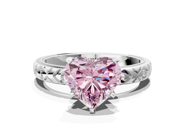 White gold Fancy Pink Heart  Solitaire Diamond Engagement Ring with XO Engraved Band and Four-Prong Setting