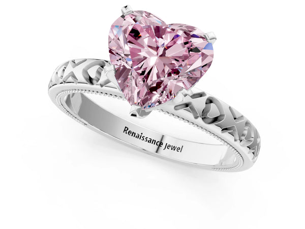 White gold Fancy Pink Heart  Solitaire Diamond Engagement Ring with XO Engraved Band and Four-Prong Setting
