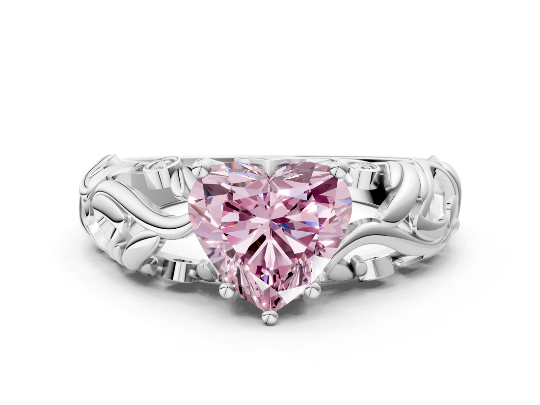 White gold Fancy Pink Heart  Solitaire Diamond Leaf Vine Band with Prong Setting_65