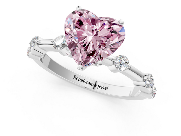White gold Fancy Pink Heart  Solitaire Diamond Ring with Bezel Set Side Stones and Prong Setting