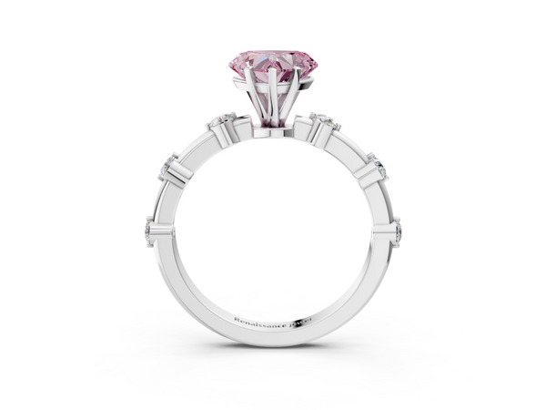 White gold Fancy Pink Heart  Solitaire Diamond Ring with Bezel Set Side Stones and Prong Setting