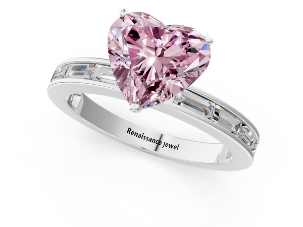 White gold Fancy Pink Heart  Solitaire Diamond Ring with Channel-Set Baguette Band and Four-Prong Setting