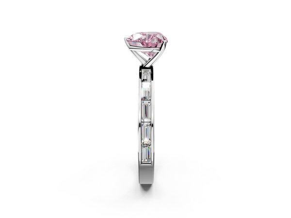 White gold Fancy Pink Heart  Solitaire Diamond Ring with Channel-Set Baguette Band and Four-Prong Setting