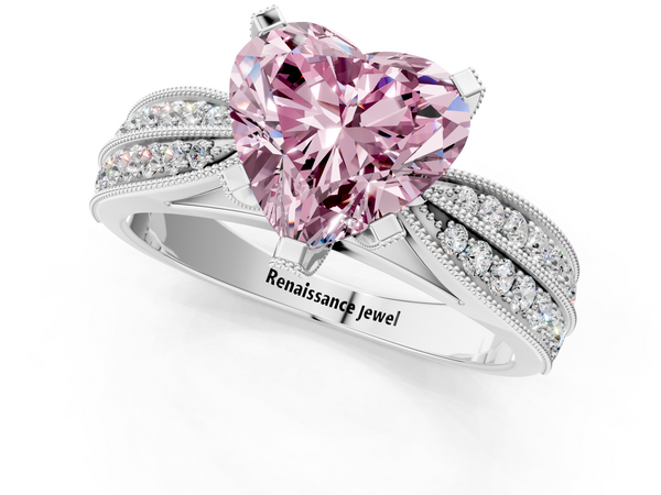 White gold Fancy Pink Heart  Solitaire Diamond Ring with Milgrain Pavé Band and Four-Prong Setting