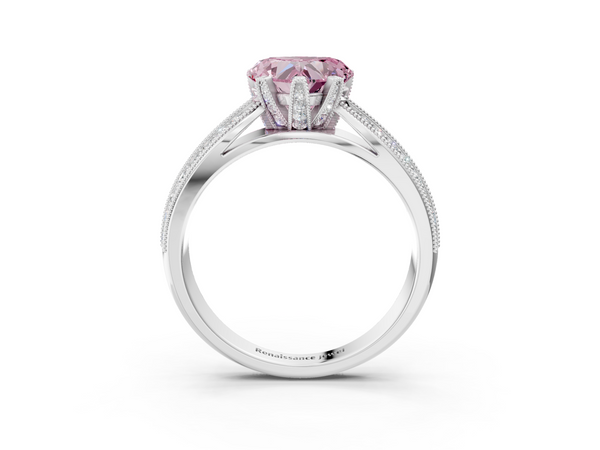 White gold Fancy Pink Heart  Solitaire Diamond Ring with Milgrain Pavé Band and Four-Prong Setting