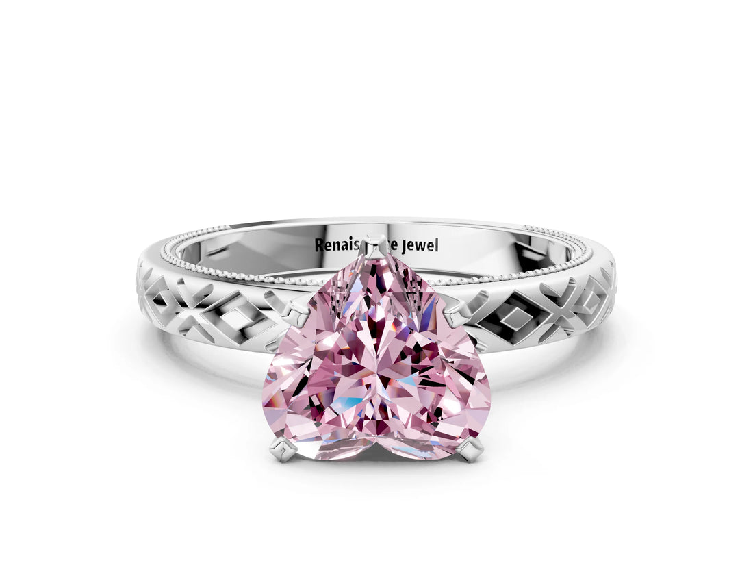 White gold Fancy Pink Heart  Solitaire Diamond Ring with Milgrain and Black Enamel X Pattern Band_65