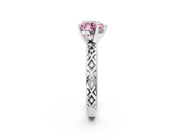 Platinum Fancy Pink Heart  Solitaire Diamond Ring with Milgrain and Black Enamel X Pattern Band