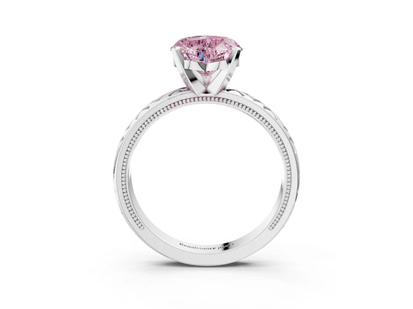 Platinum Fancy Pink Heart  Solitaire Diamond Ring with Milgrain and Black Enamel X Pattern Band