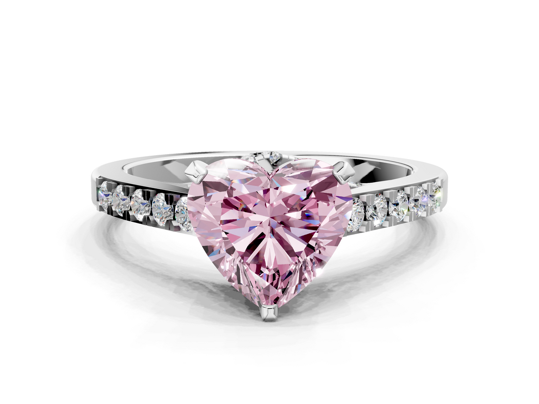 White gold Fancy Pink Heart  Solitaire Diamond Ring with Pavé Band and Four-Prong Setting_112