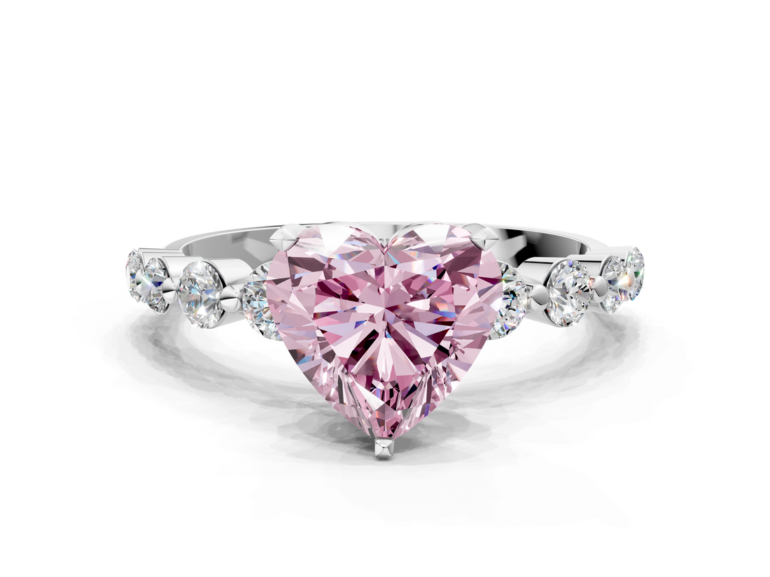 White gold Fancy Pink Heart  Solitaire Diamond Ring with Pave Band and Four-Prong Setting_259