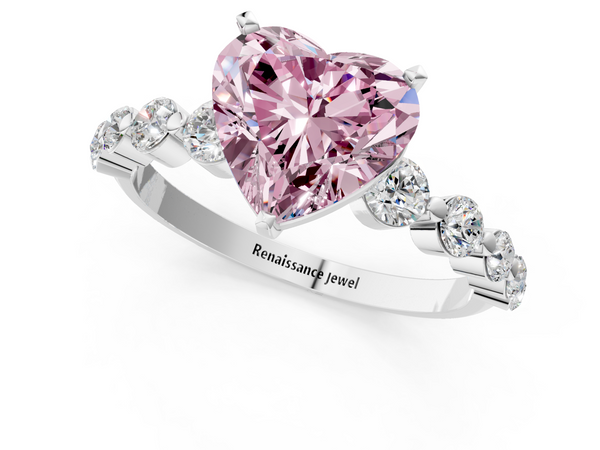 White Gold Heart-Shaped Graduated Side Stone Engagement Ring Setting for Fancy Pink Center