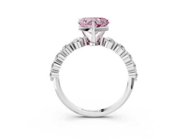 White Gold Heart-Shaped Graduated Side Stone Engagement Ring Setting for Fancy Pink Center