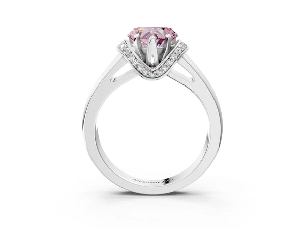 White gold Fancy Pink Heart  Solitaire Diamond Ring with Pave Band and Six-Prong Setting